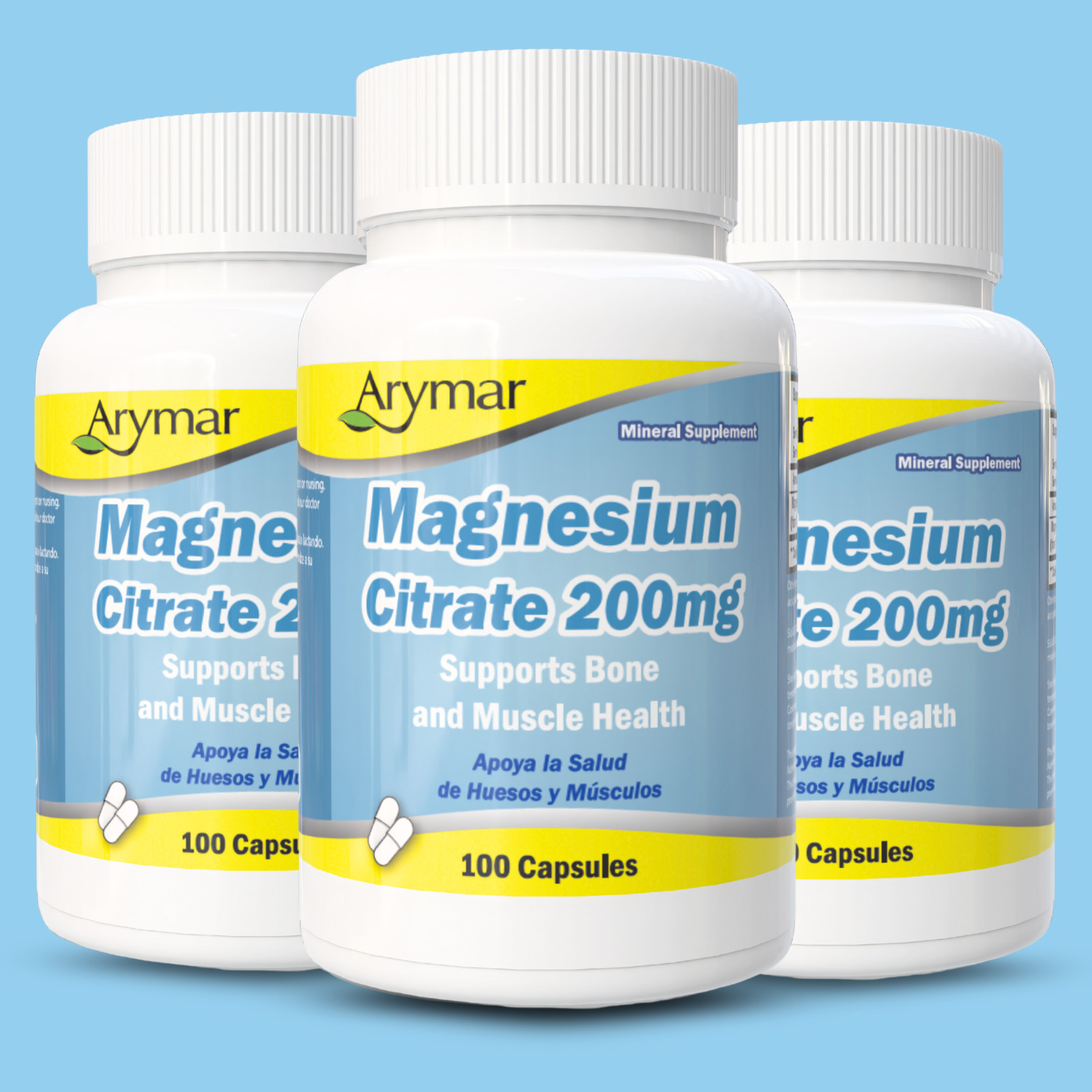 Arymar Magnesium Citrate 1250mg, 200mg Magnesium – 100 Capsules (3-Pack)