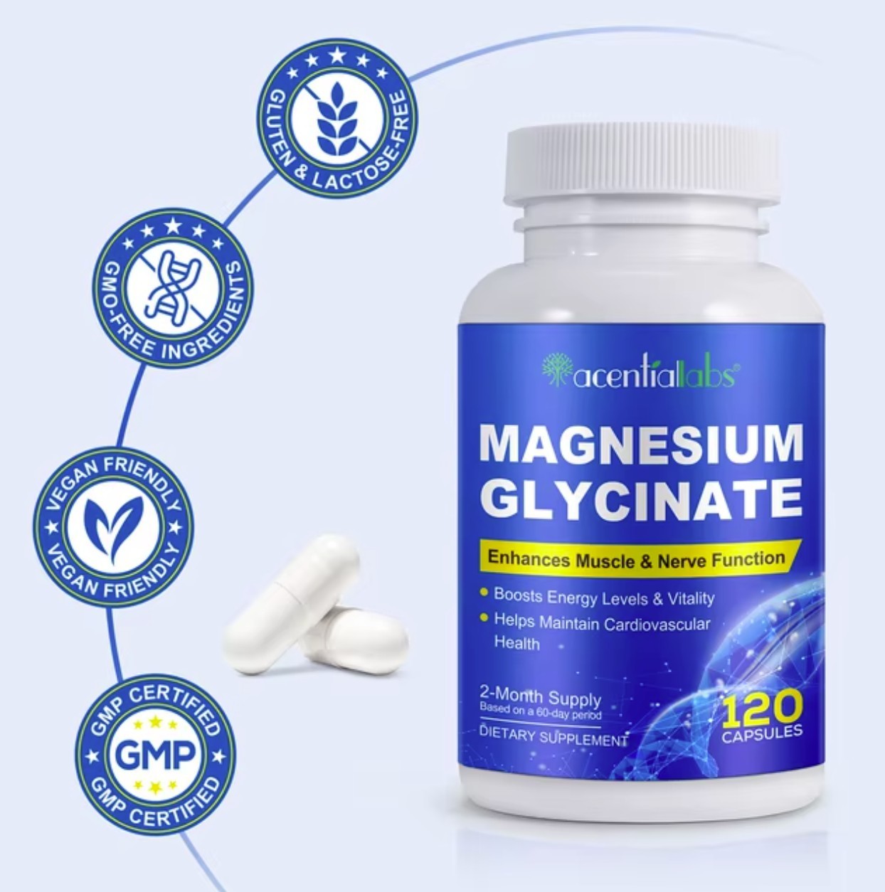 Magnesium Glycinate 1040mg 120 Capsules for Calm Stress, Sleep, Leg Cramp, Heart
