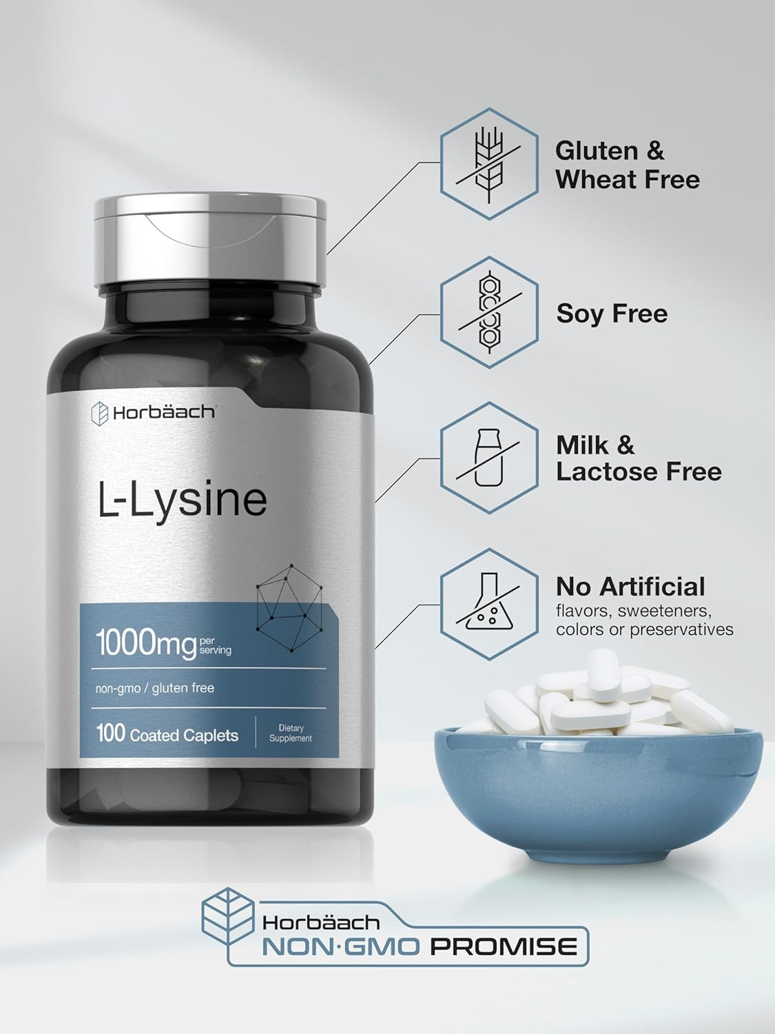 L-Lysine 1000Mg | 100 Coated Caplets | Free Form Dietary Supplement | Essential