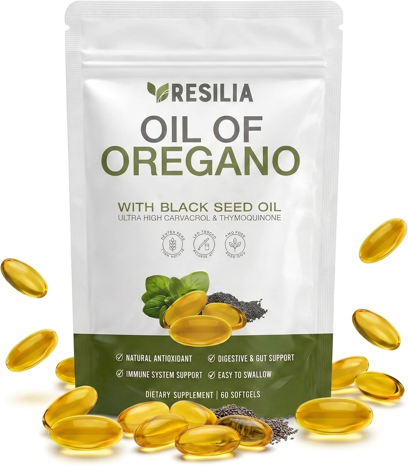Resilia Organic Oregano Oil Softgels with Black Seed Oil 6000mg – Capsules 60ct