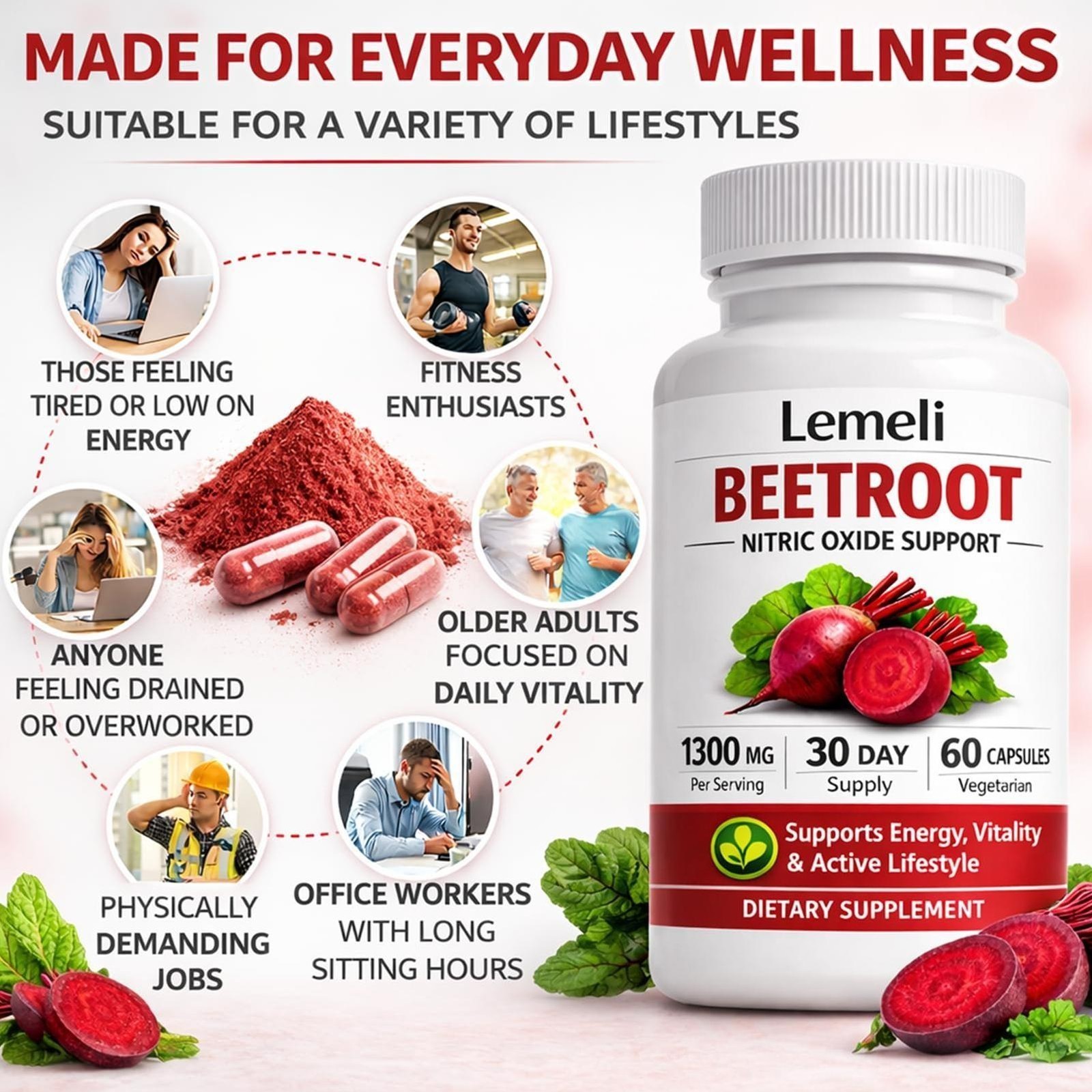 1-3 Pack Lemeli Beetroot Capsules 1300mg, Lemeli Beet Root Extract Supplement US