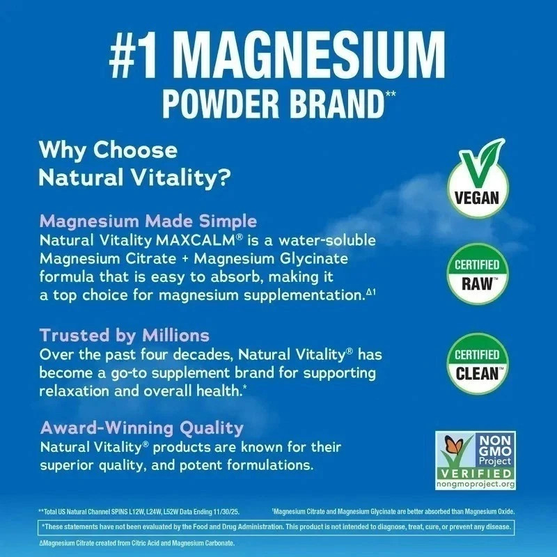 2-Pack Natural Vitality Calm Magnesium Powder – Raspberry Lemon, 16oz Each, Vega