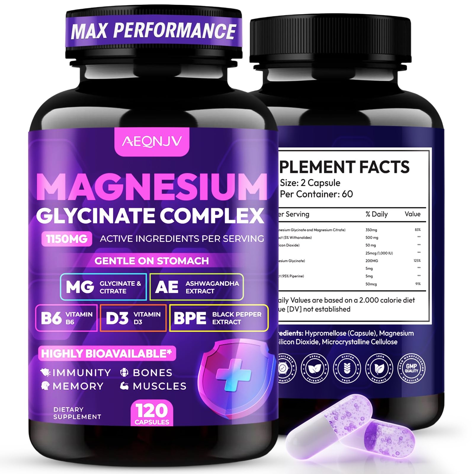 Magnesium Glycinate Complex 1150mg – Gentle on Stomach 120 Count (Pack of 1)