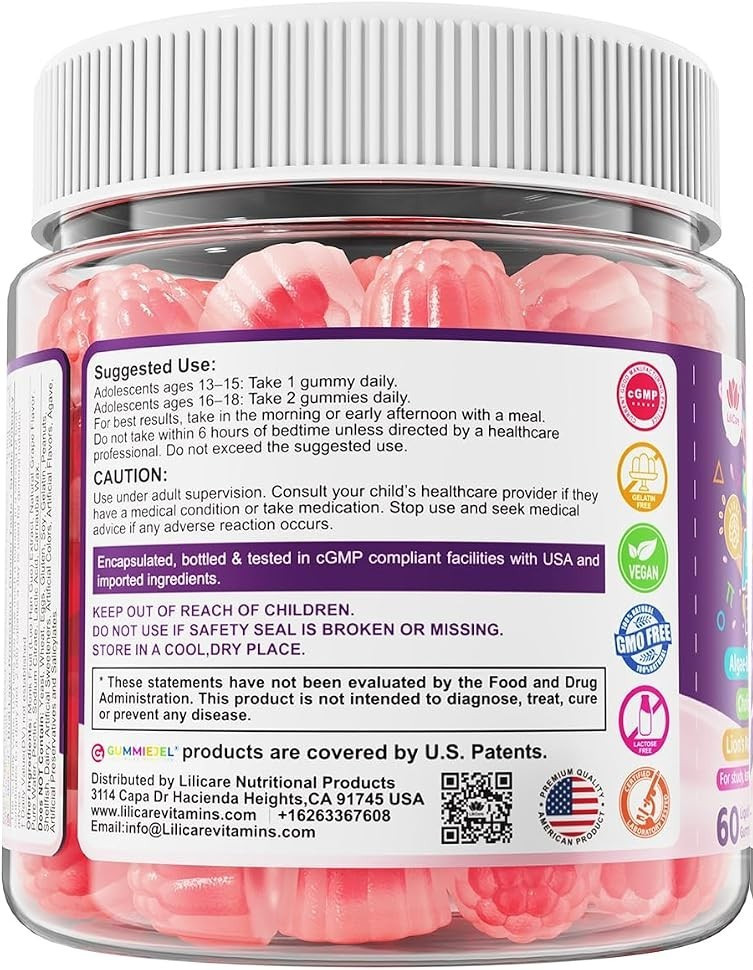 LILICARE Teen Brain Focus Gummies with Omega-3 DHA, Lion’s Mane Mushroom, PS