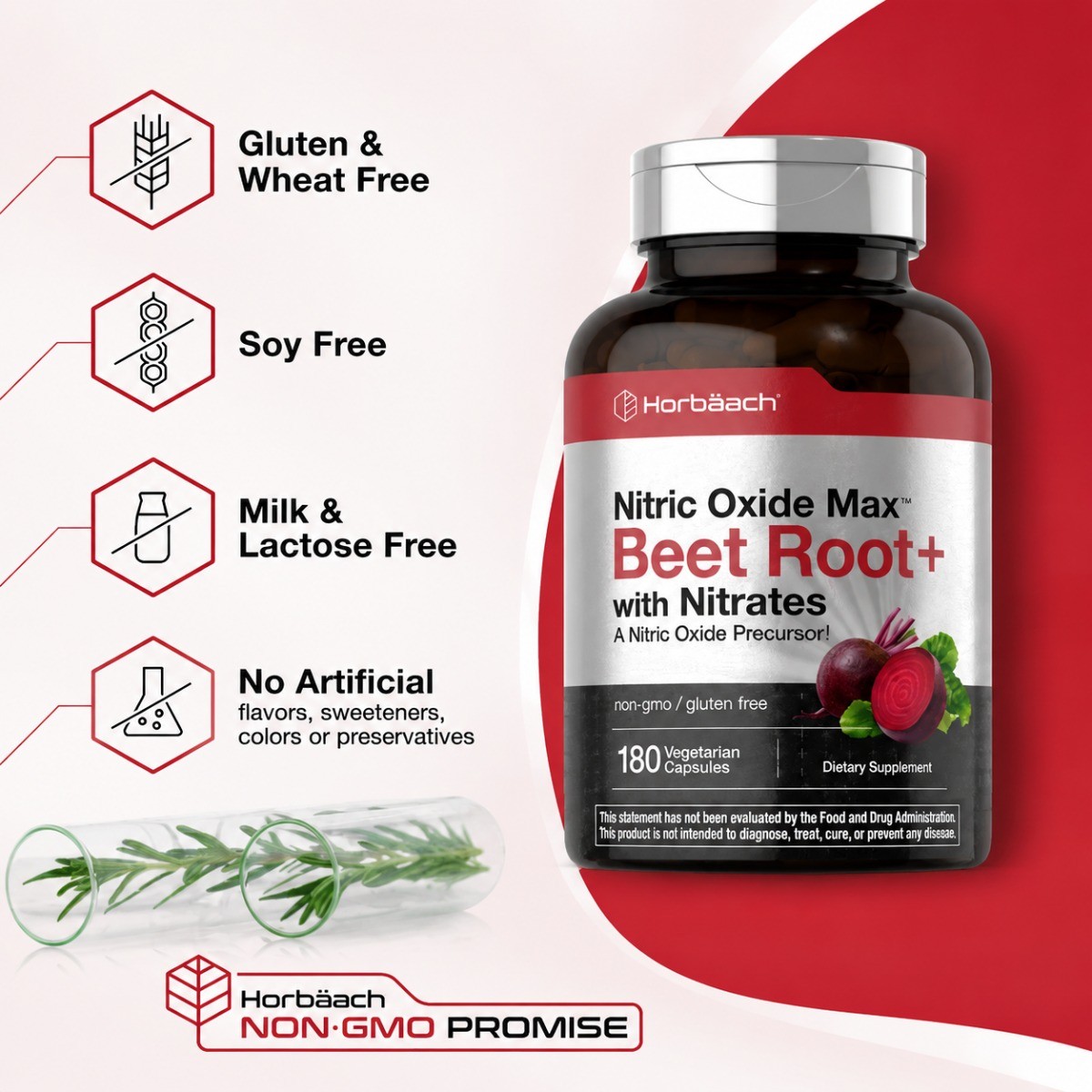 Horbäach Nitric Oxide Max Beet Root Capsules, 180 Count, Vegetarian Supplement
