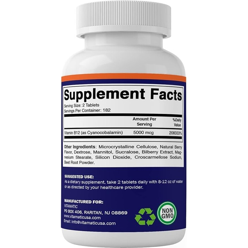 Vitamatic Vitamin B12 5000 mcg Fast Dissolve 5X365 Tabs NonGMO/No Gluten