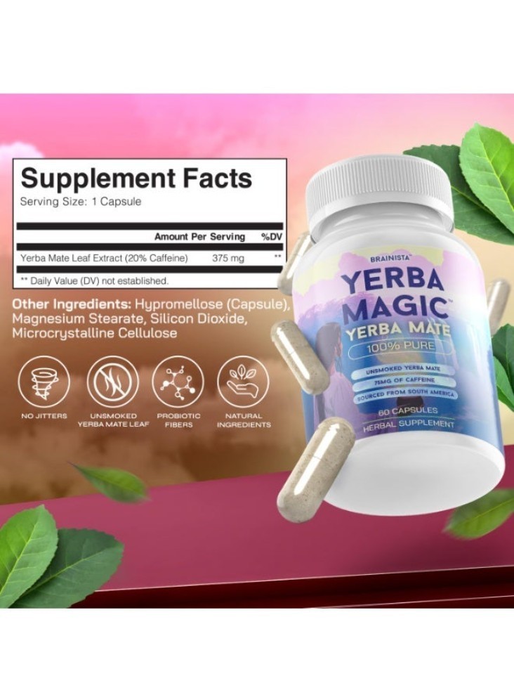 Brainista Yerba Magic: 100% Pure Unsmoked Yerba Mate, 75mg Caffeine, 60 Capsules