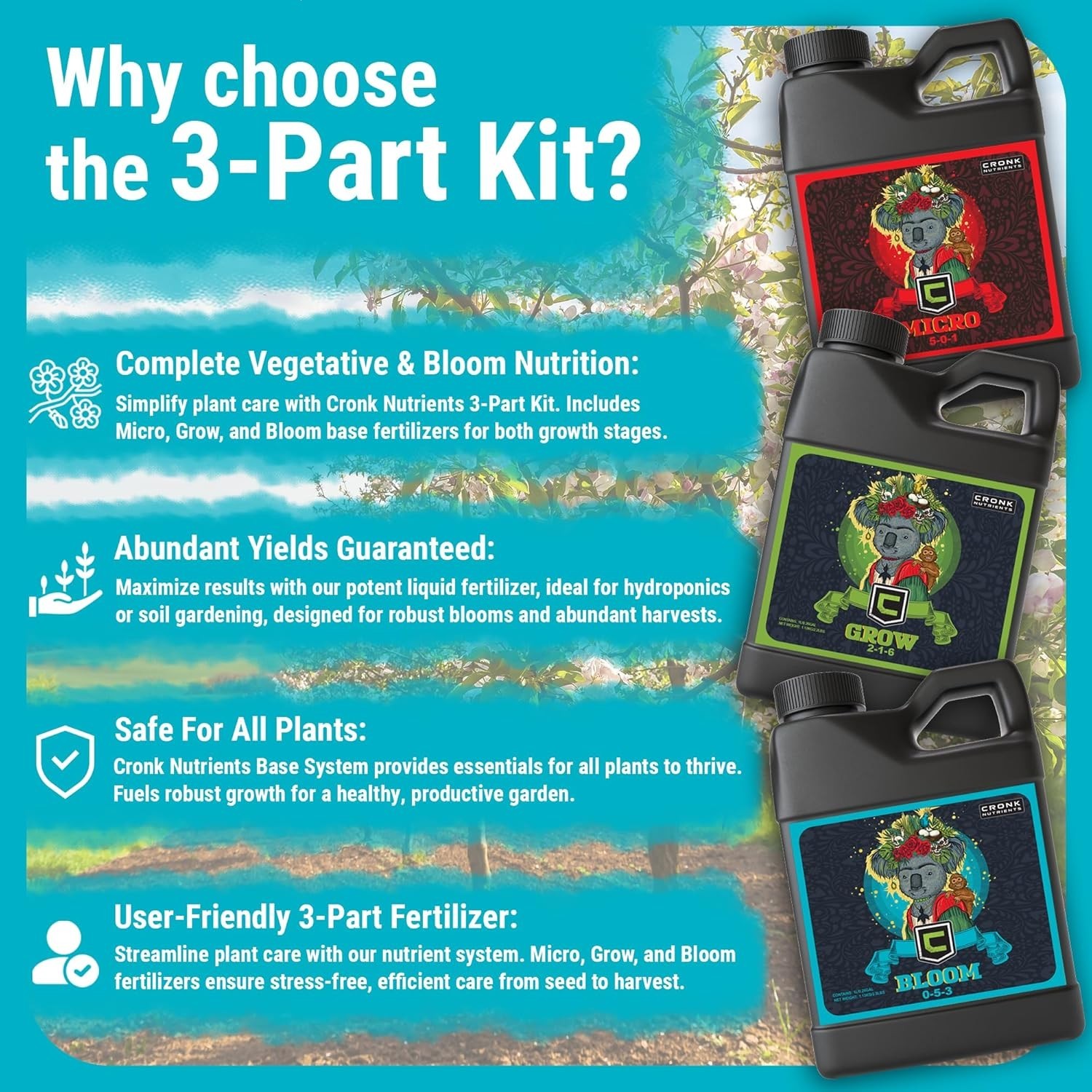 Cronk Nutrients 3-Part Kit: Micro, Grow & Bloom Base Fertilizers, 3 x 1L | Optim
