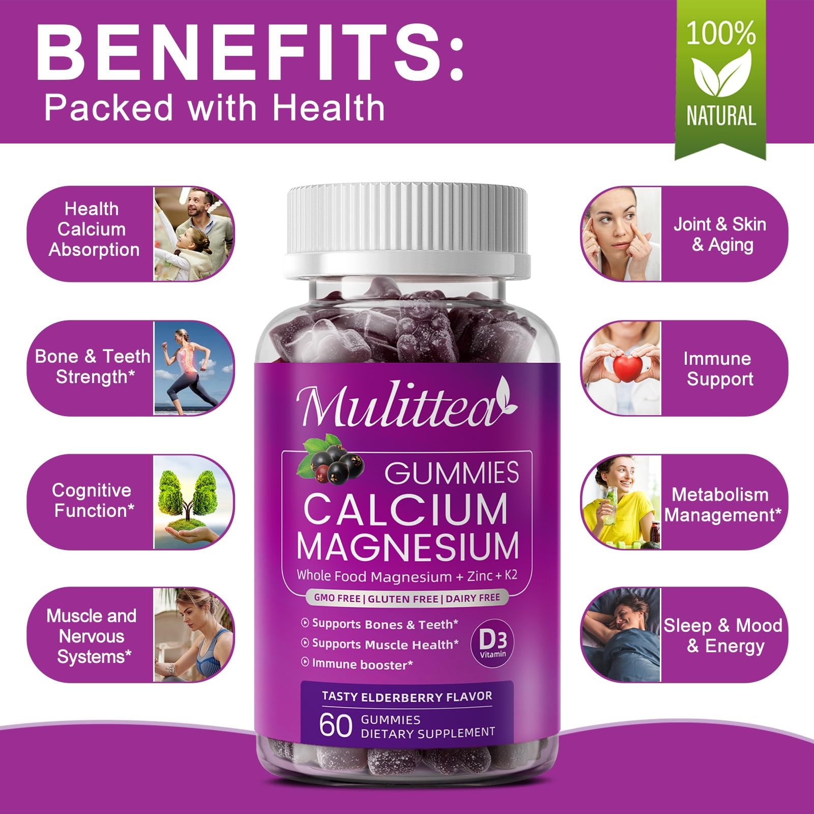 Plant Based Calcium Supplement with Vitamin 60 Count (Pack of 2), 2 Pack