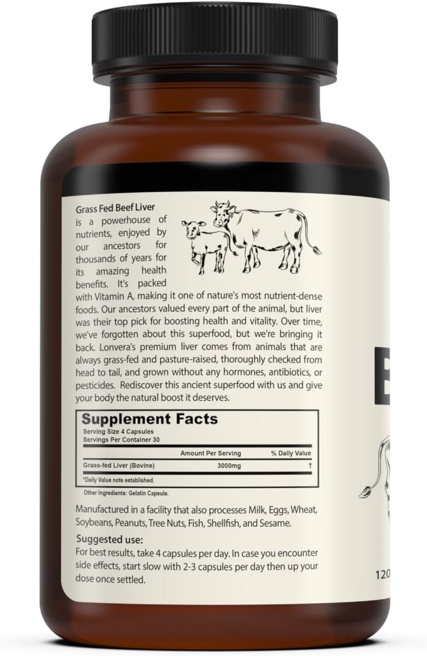 Lonvera Grass Fed Beef Liver Capsules for Women and Men – 120 Capsules BRAND NEW