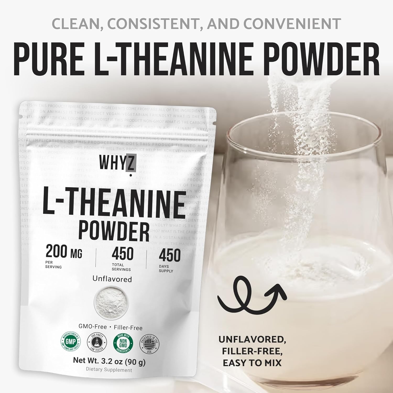 Pure L-Theanine Powder Unflavored Vegan Non-GMO No Additives 3.2oz 90g
