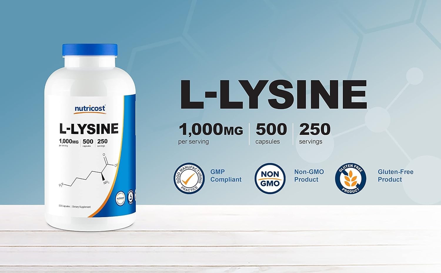 500 Capsules of L-Lysine 1000mg Per Serving – Essential Amino Acid, Gluten Free