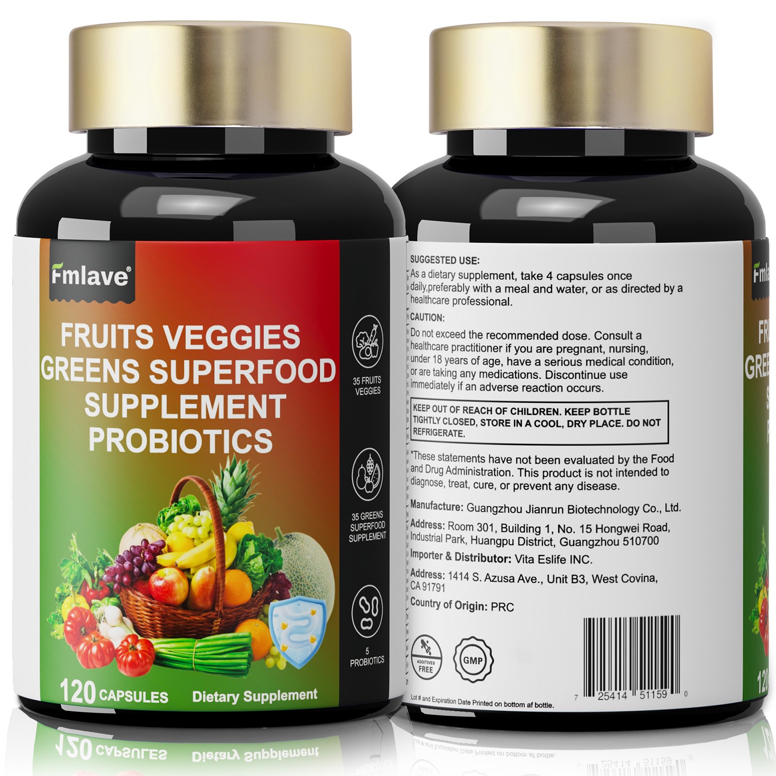 4pc 70 Fruits and Veggies Whole Food Supplement, Superfood & 5 Probiotic Strains