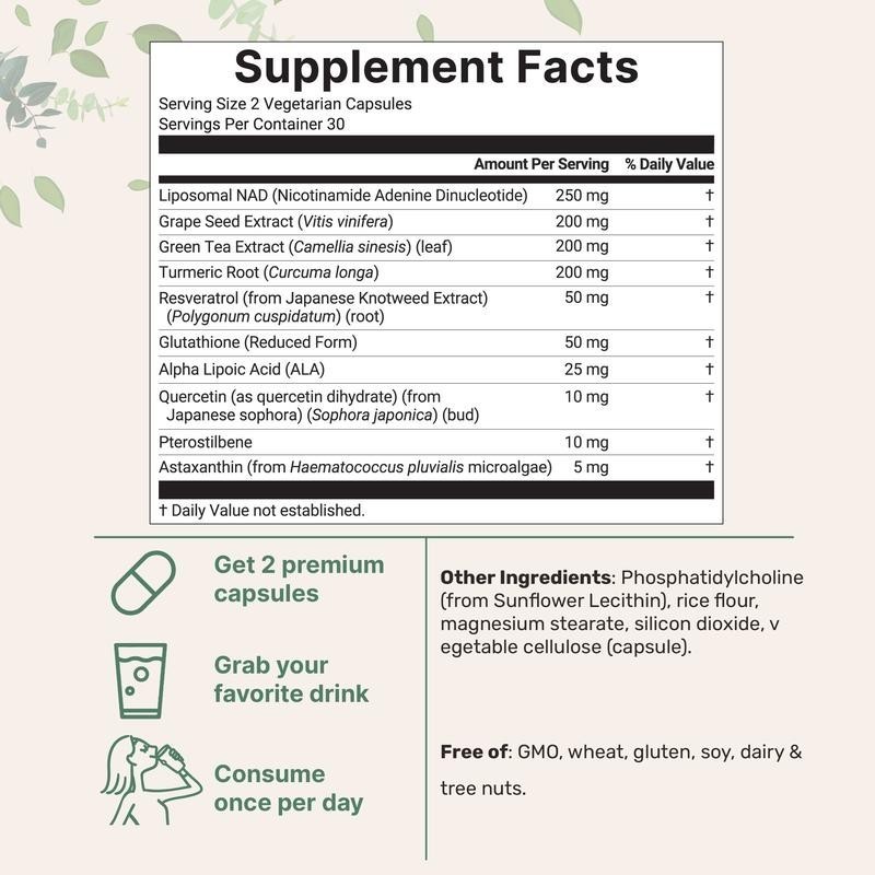 2 BOTTLES- NAD+ Supplement Glutathione, Resveratrol, Astaxanthin–10-in-1 Formula