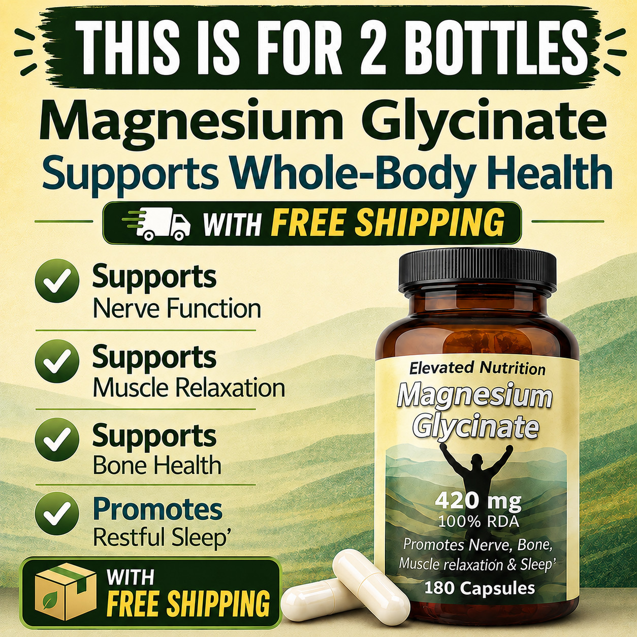 2 Pack Magnesium Glycinate 420mg, 100% RDA, High Absorption, Elevated Nutrition