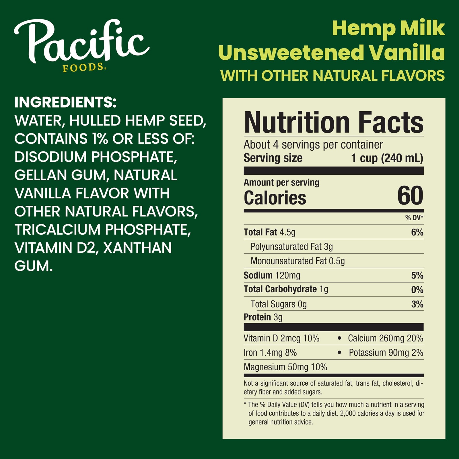 Pacific Foods Unsweetened Vanilla Hemp Milk 32 Oz Dairy Free Vegan Milk