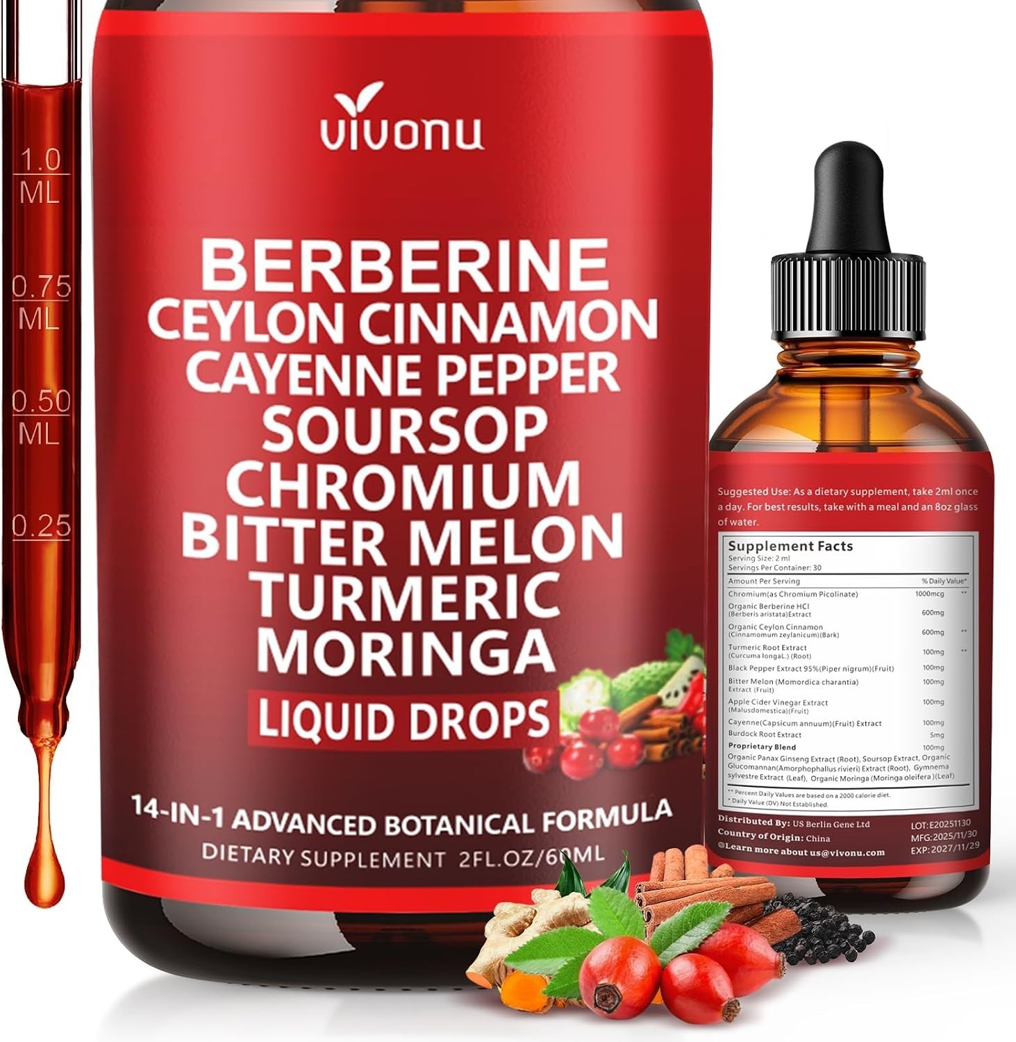 14-in-1 Liposomal Berberine with Ceylon Cinnamon Drops – 2 FL OZ Wellness Boost