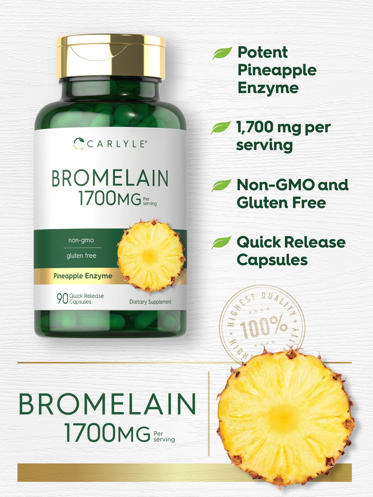Bromelain 1700 Mg | 90 Capsules | Pineapple Enzyme Supplement | Non-Gmo, Gluten