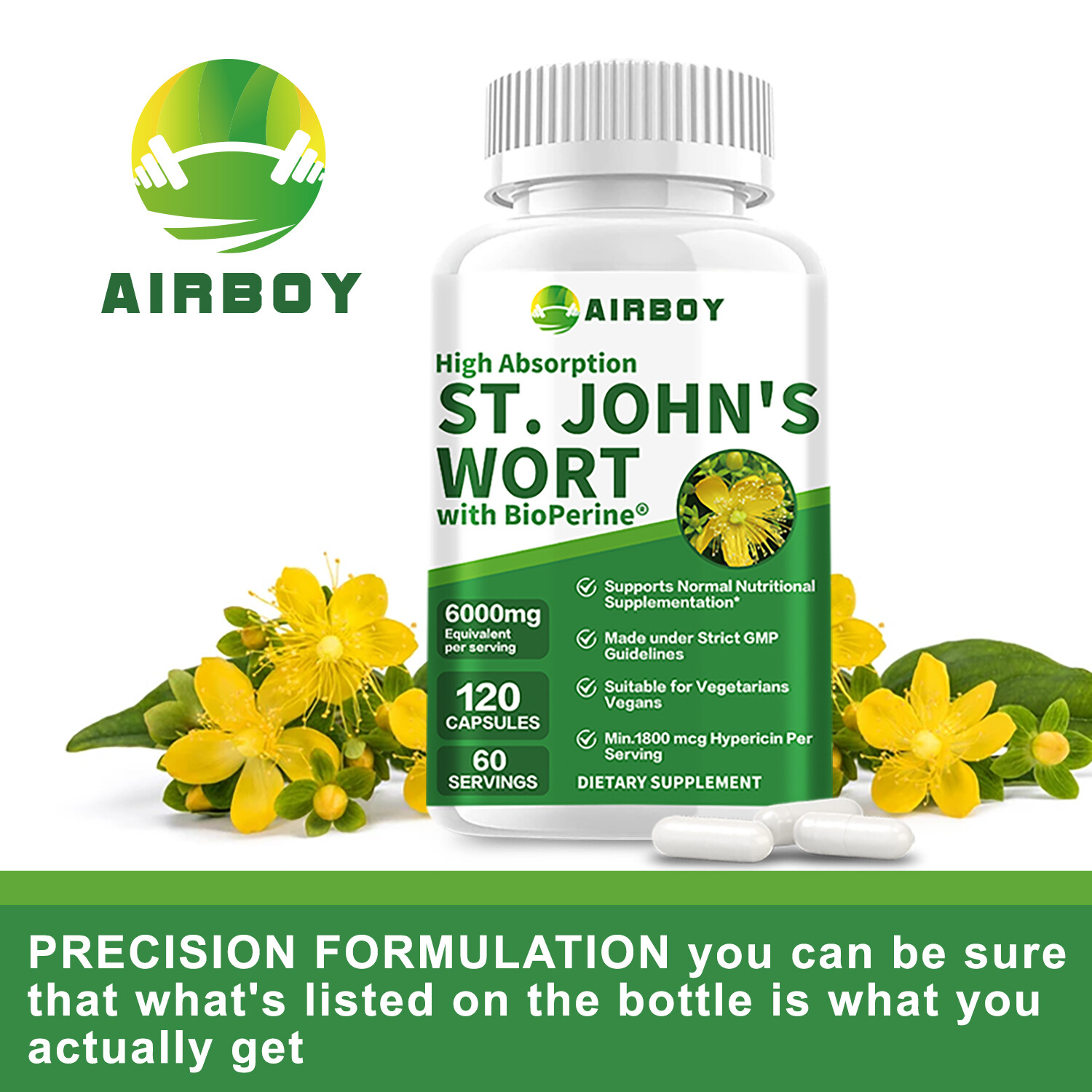 120pcs St. John’s Wort 6000mg – 0.3% Hypericin-Stress Anxiety Depression Relief