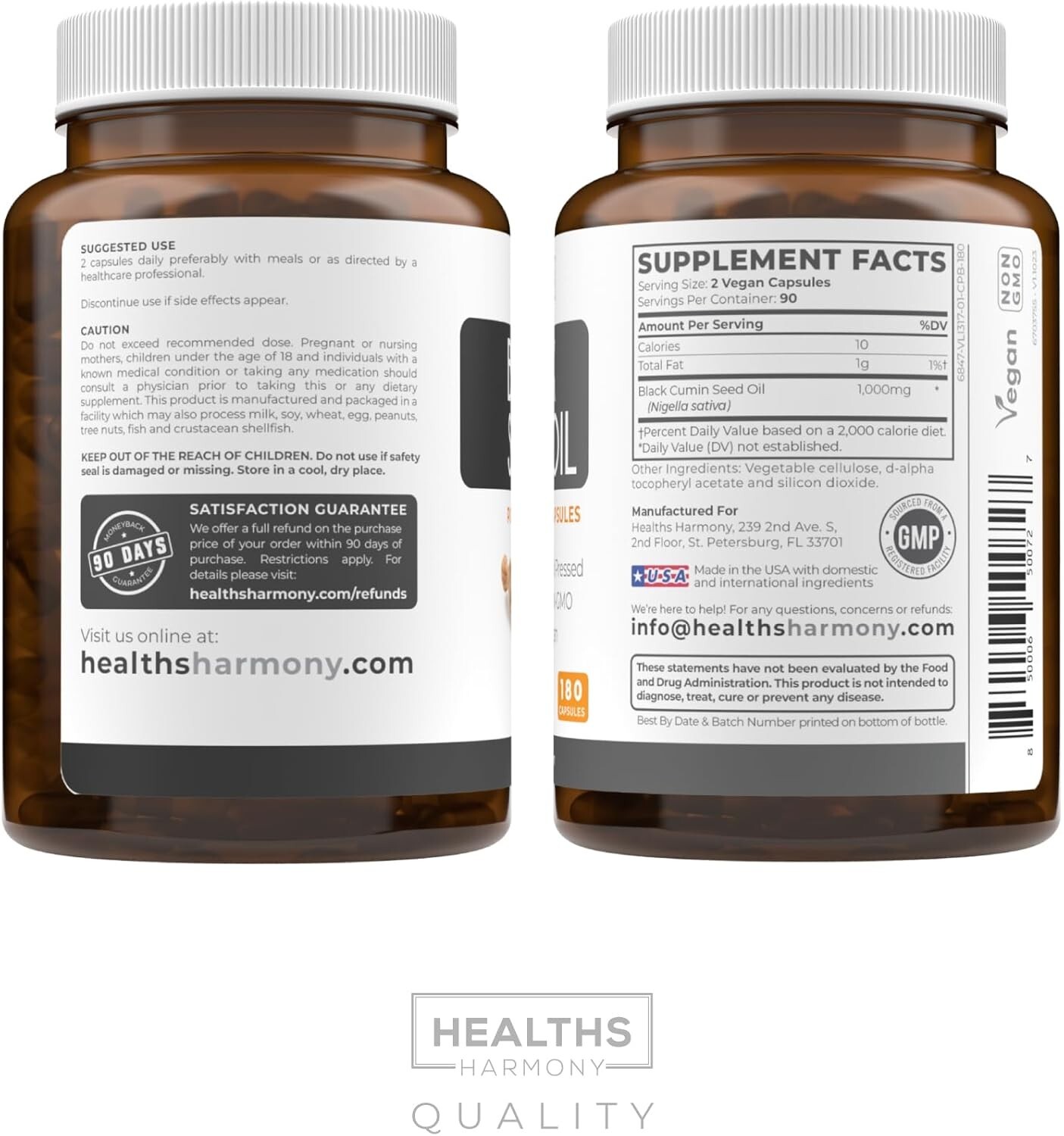 Healths Harmony Black Seed Oil – 180 Softgel Capsules (Non-GMO & Vegan) Premium
