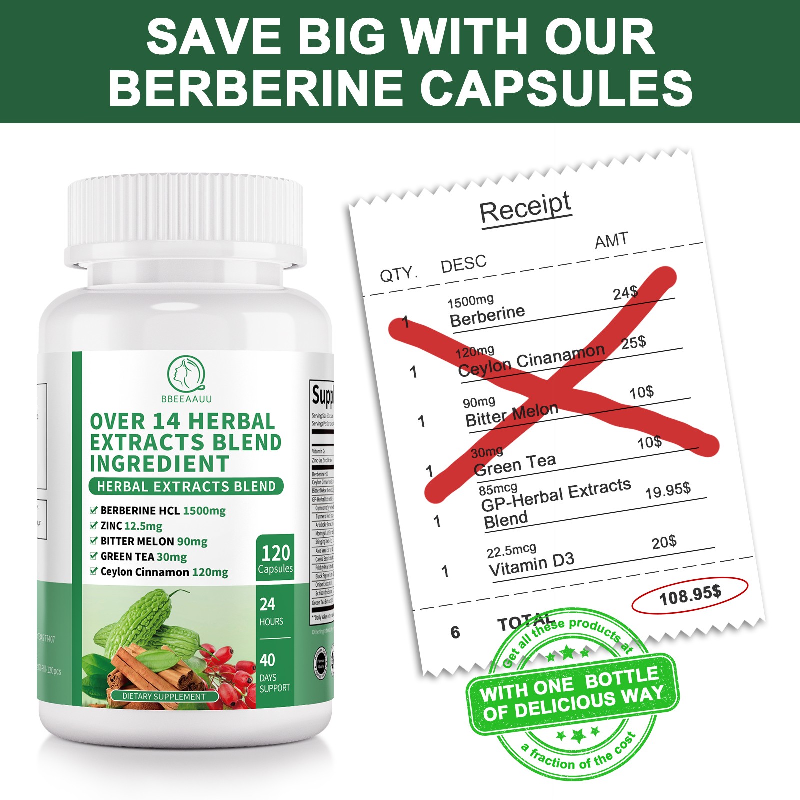 240Ct Berberine HCL 1500mg Capsules Natural Healthy Cholesterol Glucose Support