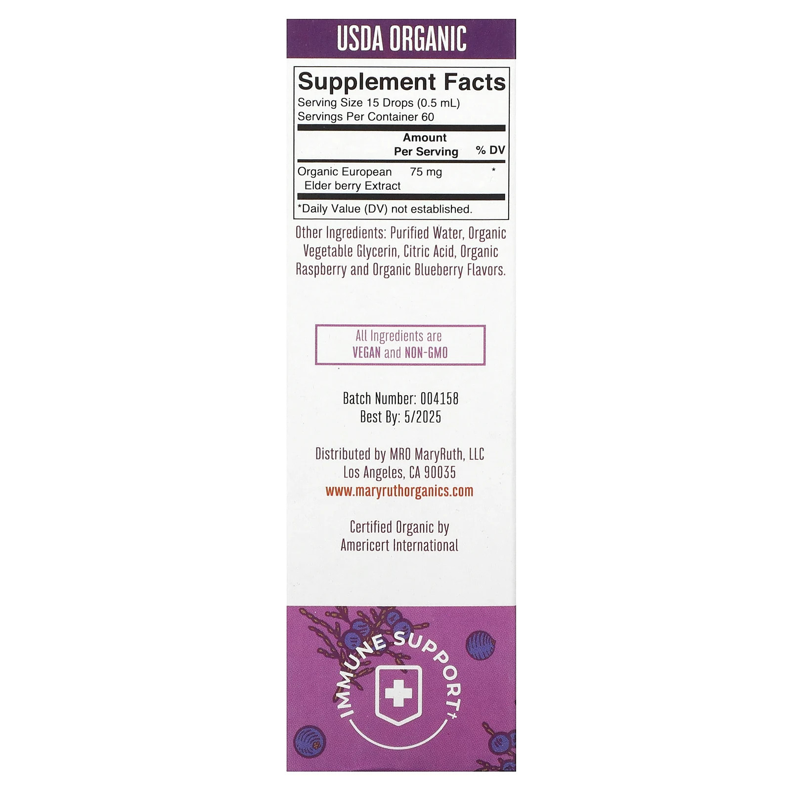 Organic Kids Elderberry Liquid Drops, 4-13 Years, Blueberry + Raspberry, 1 fl oz