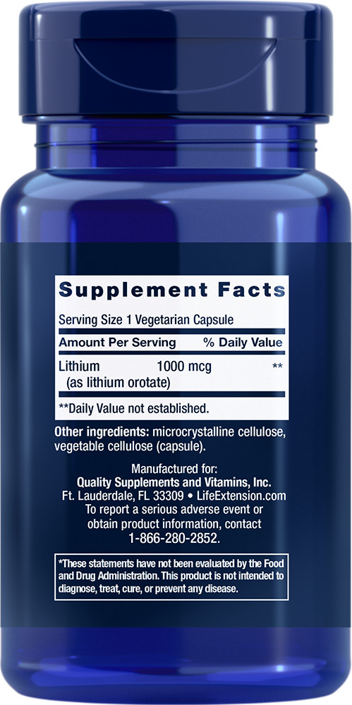 Lithium Orotate 1000mcg 3X100 Caps Life Extension Brain DNA Health