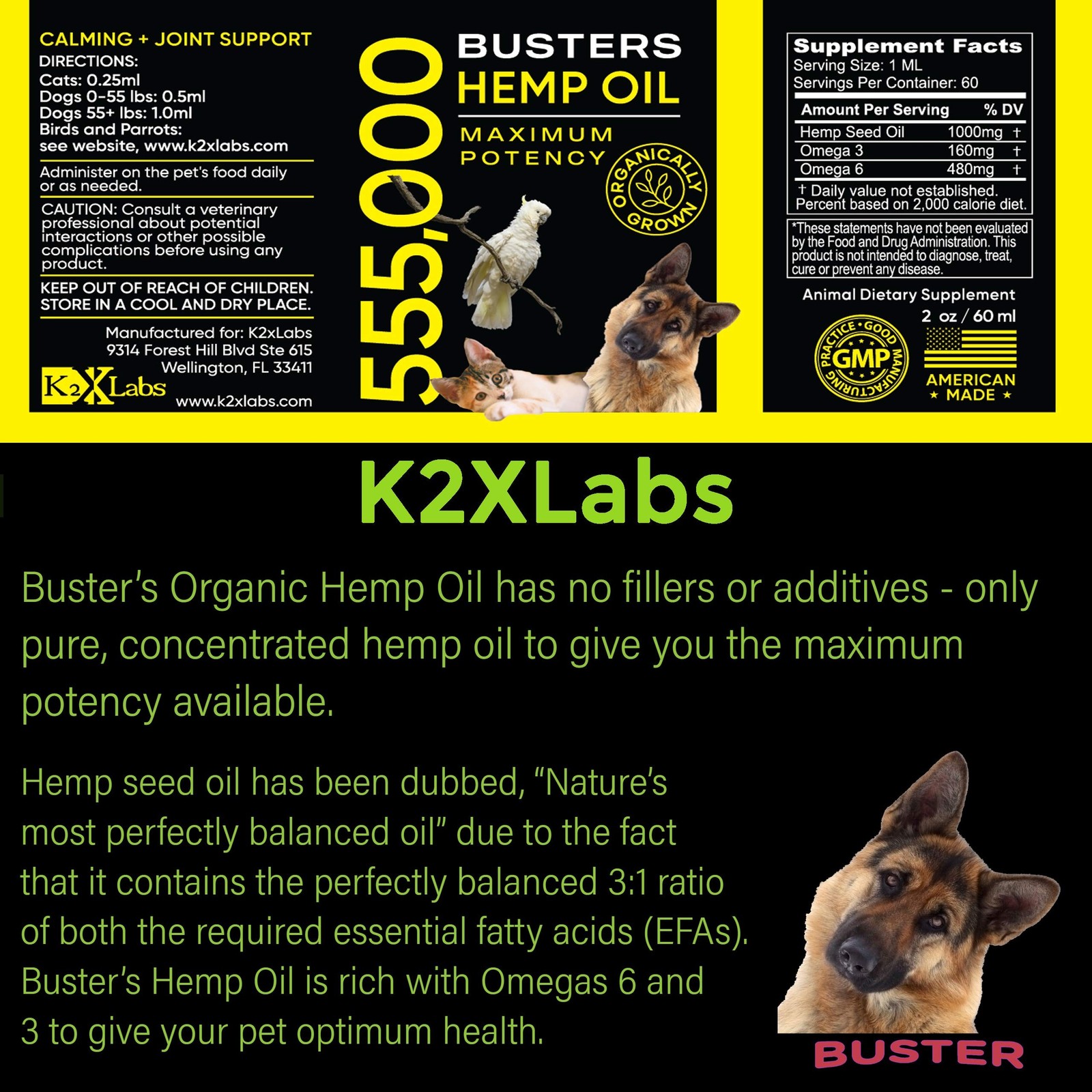 Buster’s Hemp Oil for Dogs & Cats, Calm, Joint, Coat, 3Pack 60ml | Cold-press…