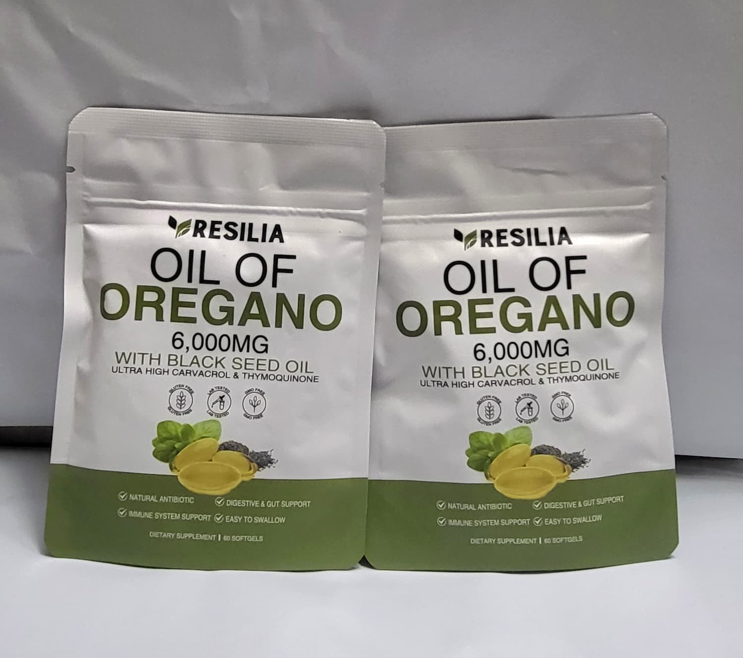 2 Sealed Resilia Oil Of Oregano 6,000 Mg, With Black Seed Oil, 60 Softgels Each