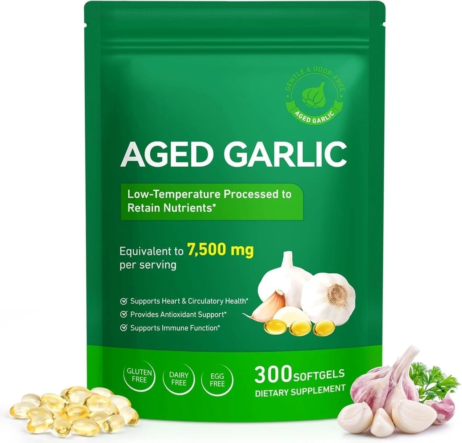 Odorless Aged Garlic Extract Softgels 7500mg per Serving – 300 Count Heart & Imm