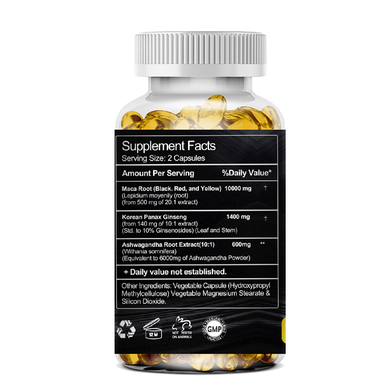 Maca Root + Ashwagandha + Korean Ginseng 12000mg, Peruvian Maca Root 120 Capsule