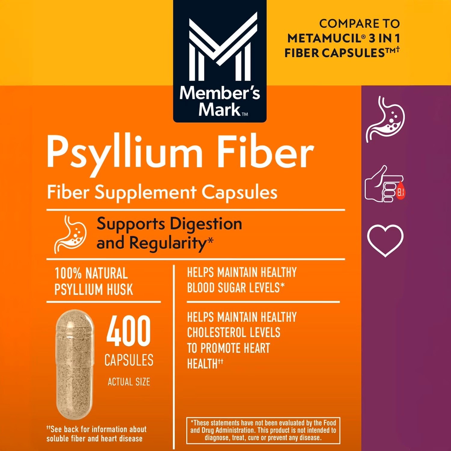 2 Pack – Member’s Mark Fiber Capsules 100% Psyllium 400 ct (Total 800)