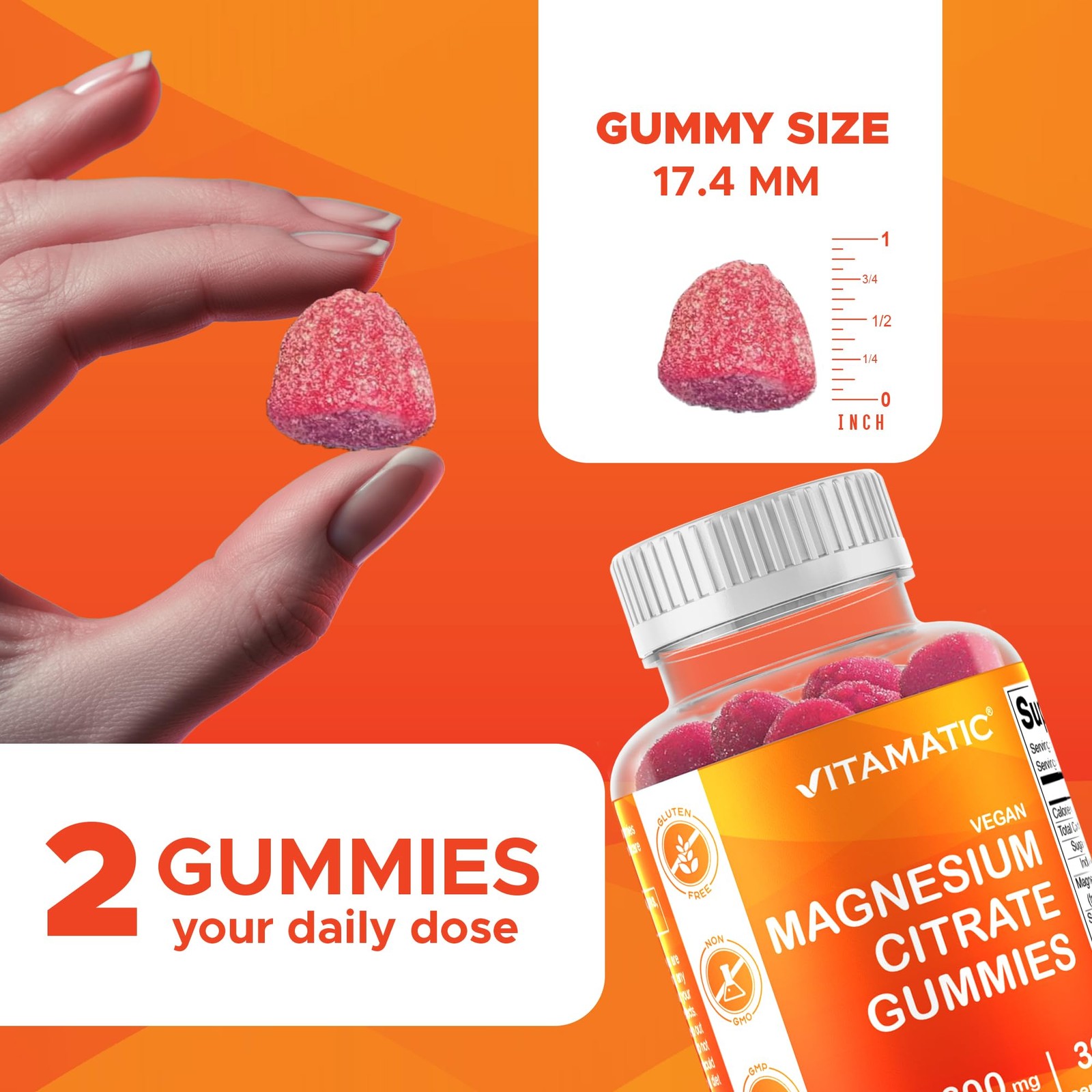 Vitamatic Magnesium Gummies 600mg per Serving – 60 Vegan 60 Count (Pack of 3)
