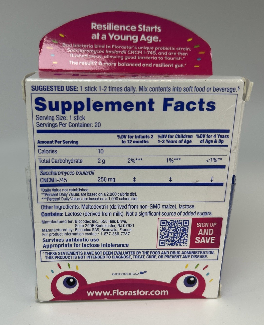 Florastor Kids Dual Action Probiotic Supplement 20 Sticks EXP 06/28 NEW Worn Box