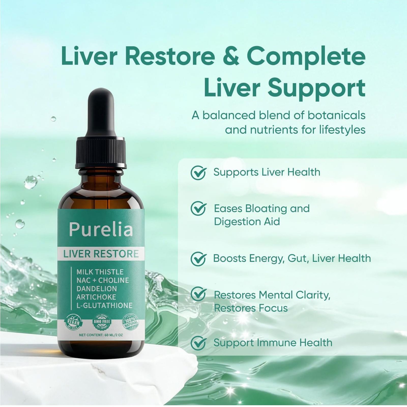 Purelia Liver Restore, Complete Liver Support Supplement with Milk Thistle, Dand