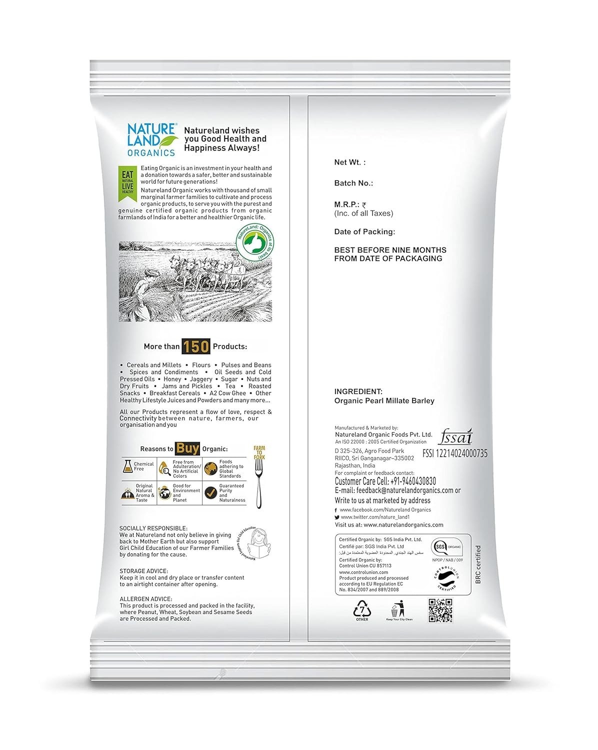 Natureland Organics Pearl Barley 500 Gm (Pack of 5) – Organic Barley
