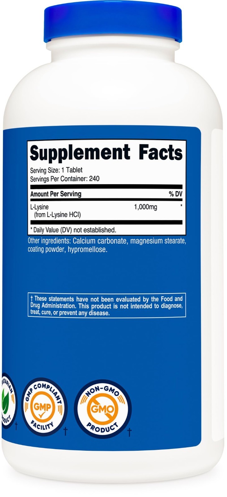 L-Lysine 1000mg – 240 Tablets, Gluten Free, Non-GMO, Vegetarian Supplement