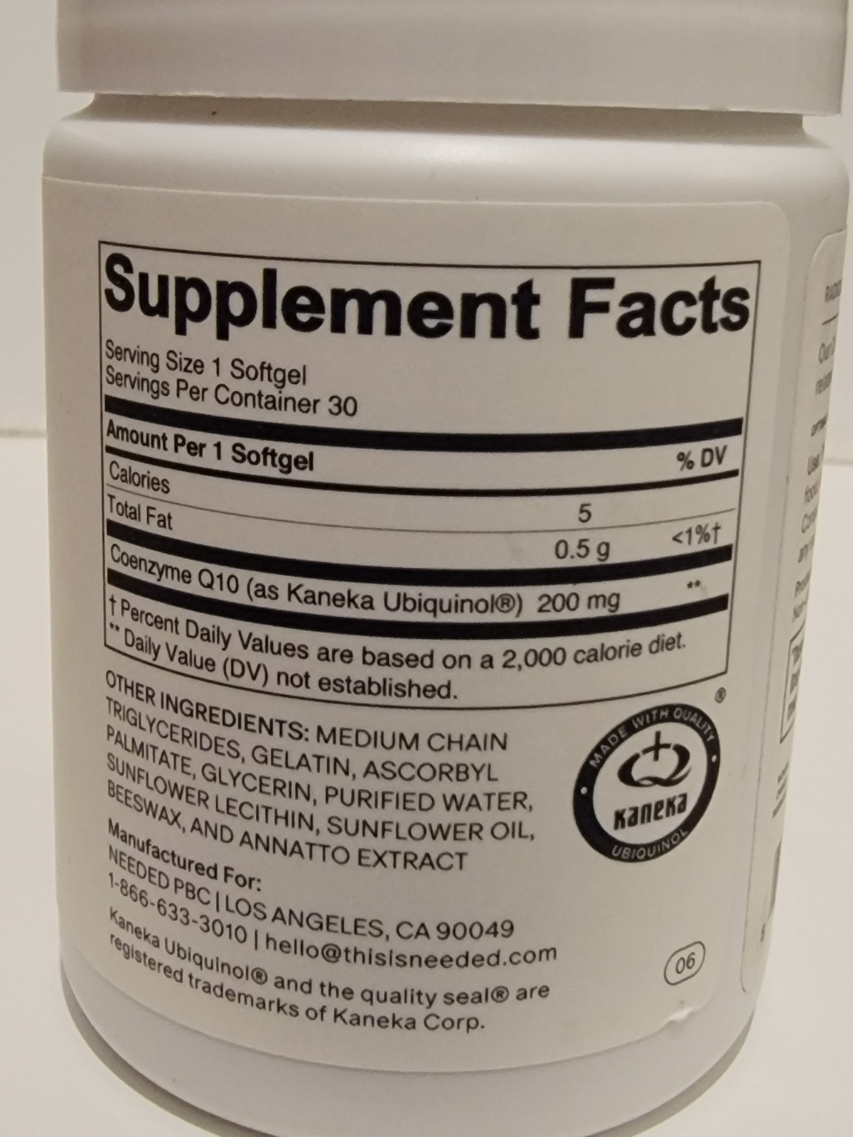 Needed CoQ10 Coenzyme Q10, for Men and Women 200 mg Sealed Bottle 30 Serv