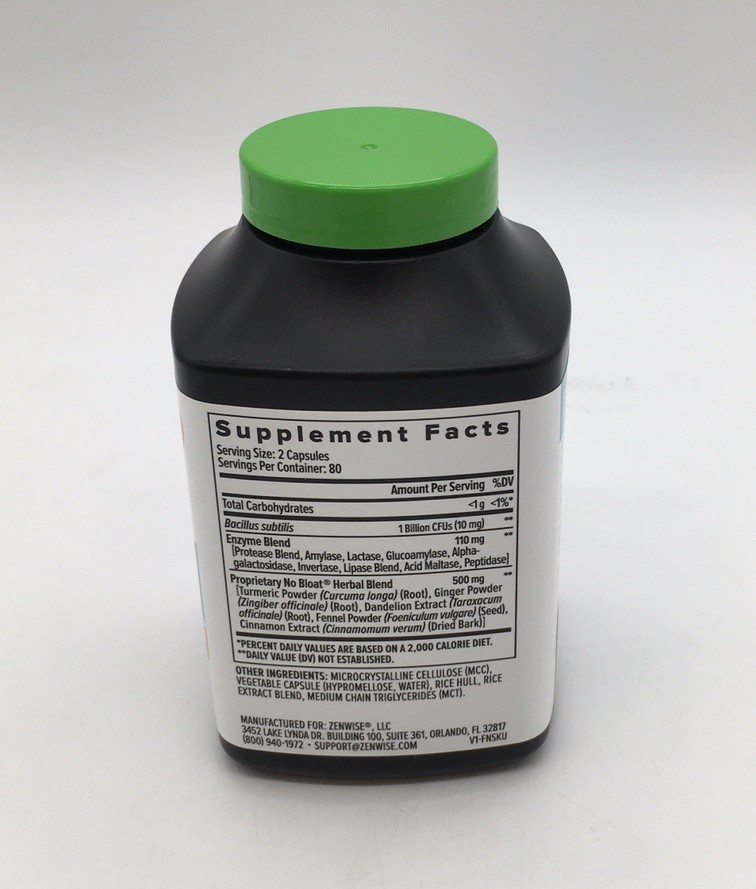 ZENWISE NO BLOAT FAST GAS & BLOATING RELIEF 160 VEGETABLE CAPSULES EXP 11/26
