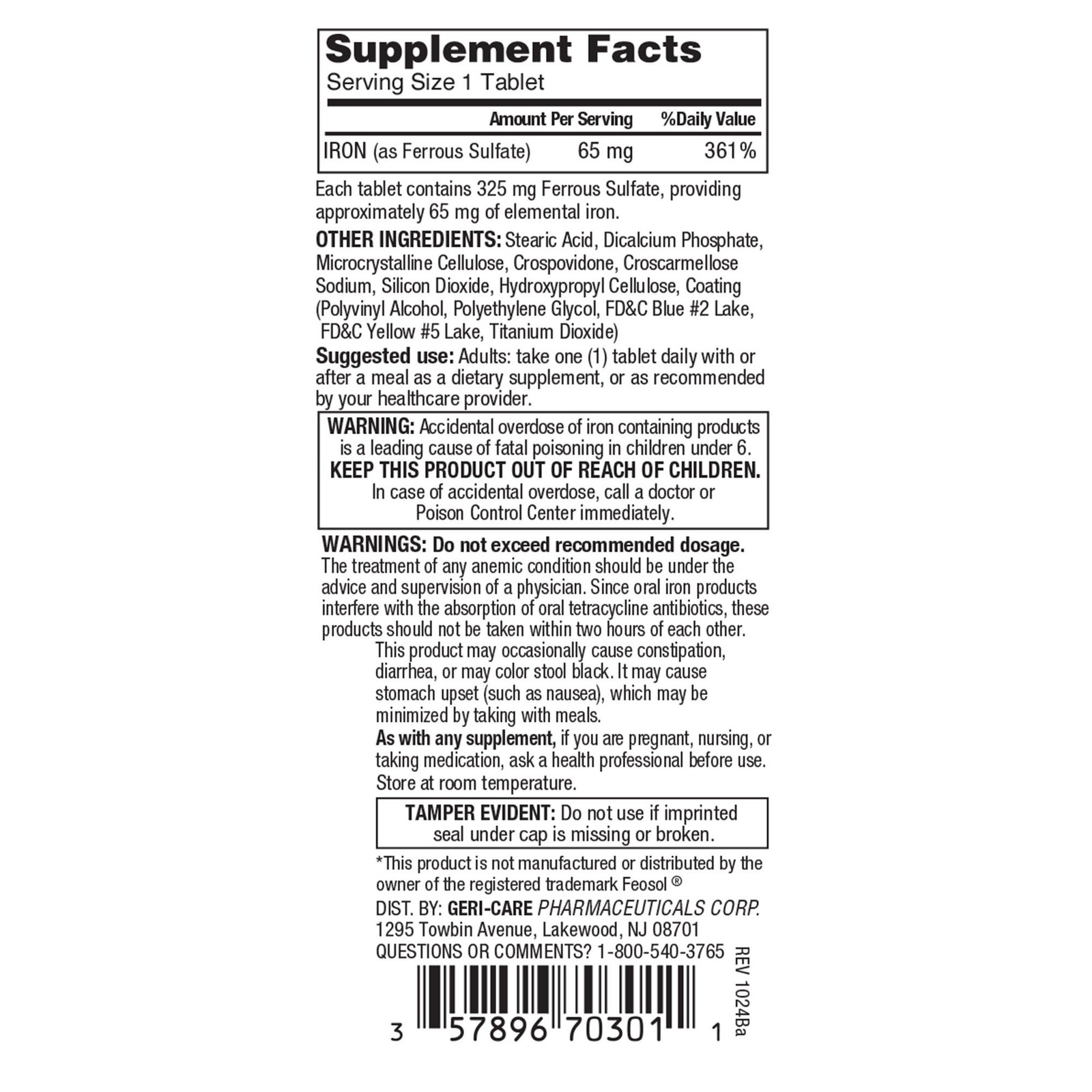 Geri-Care Iron Tablet 325 mg 703-01-GCP 1 Bottle 100 per Bottle