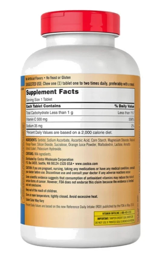 Kirkland Signature Chewable Vitamin C 500 mg, 500 Tablets Tangy Orange exp 5/28