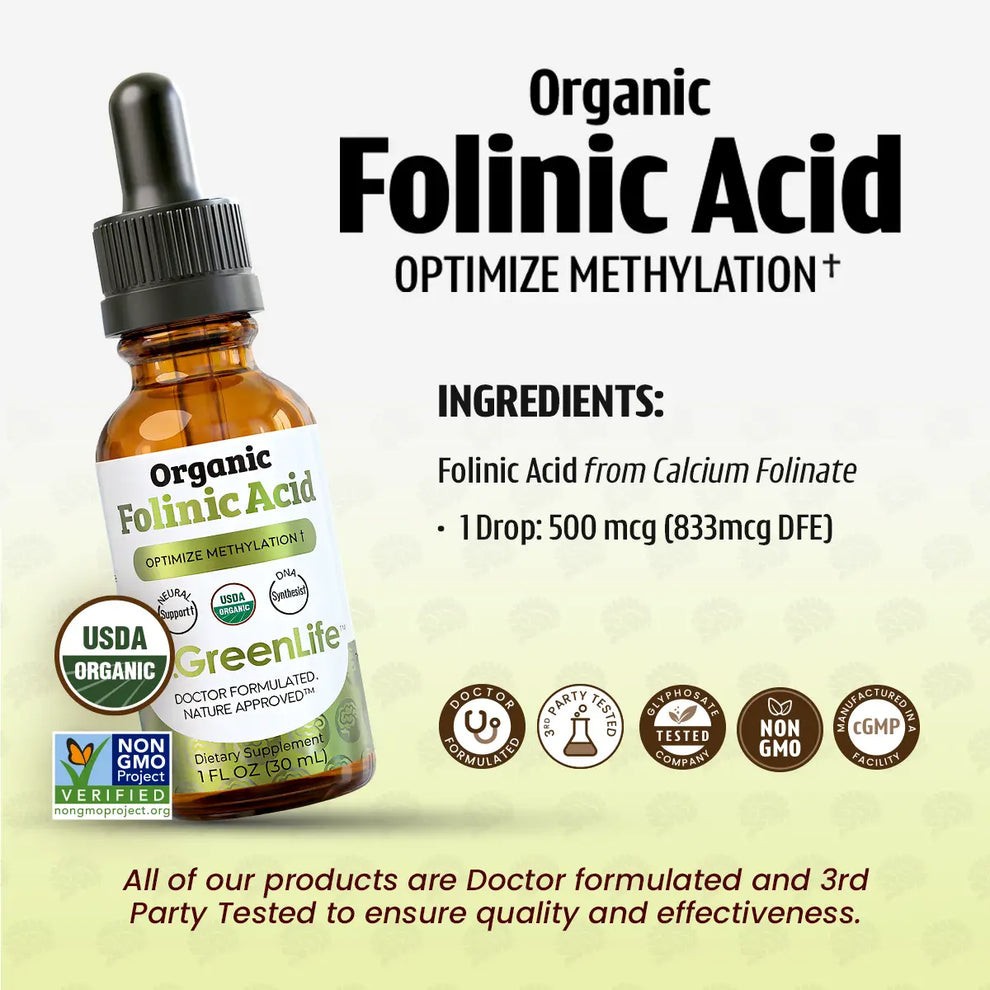 Dr GreenLife USDA Organic Folinic Acid – MTHFR-Friendly Folate 1 FL Oz / 30ml