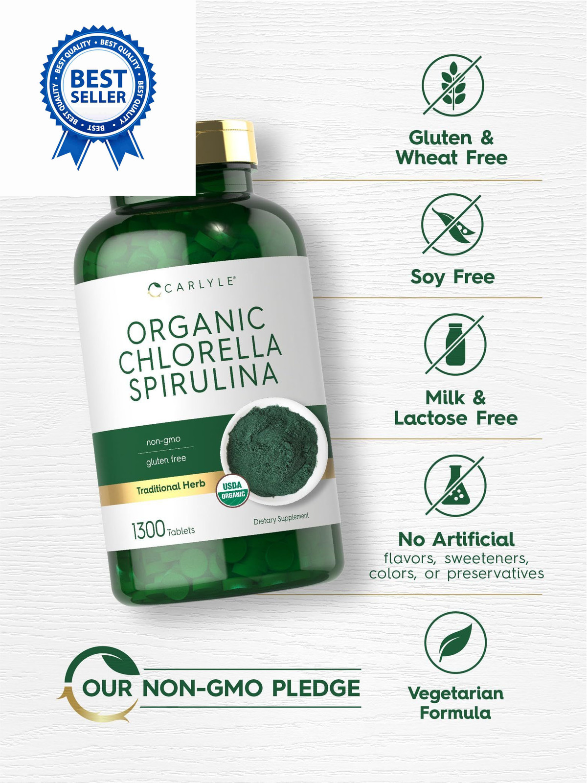 Carlyle Organic Chlorella Spirulina Tablets | 1300 1300 Count (Pack of 1)