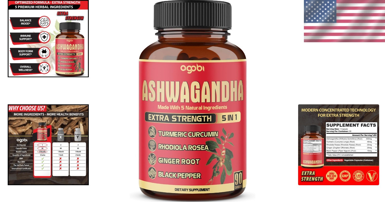 90 Ashwagandha Capsules for Immune Support & Mood Balance, 3- Supply