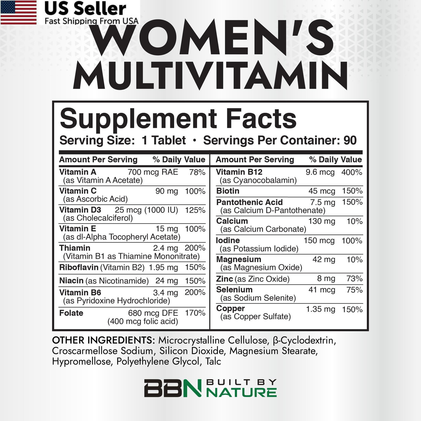 90 Tabs Built by Nature Women Multivitamin Energy Immunity Beauty Vitamins Miner