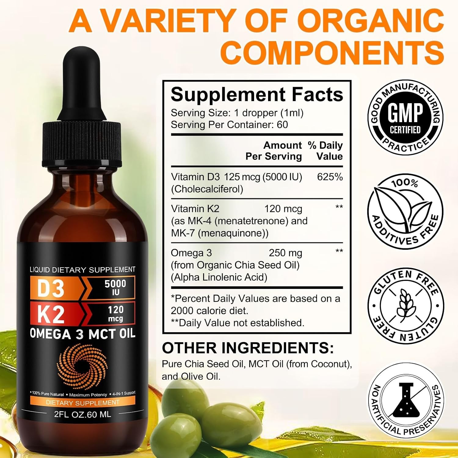 Daiasns Vitamin D3 5000 IU & K2 (MK-7) 120 mcg 60ml Drops with MCT Oil Omega 3,