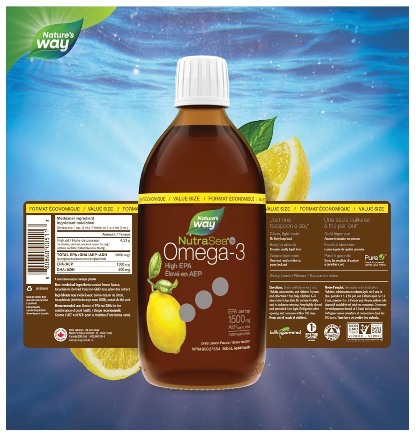 NutraSea HP Omega-3 High EPA 1500mg Lemon Fish Oil Liquid 500ml Nature’s Way