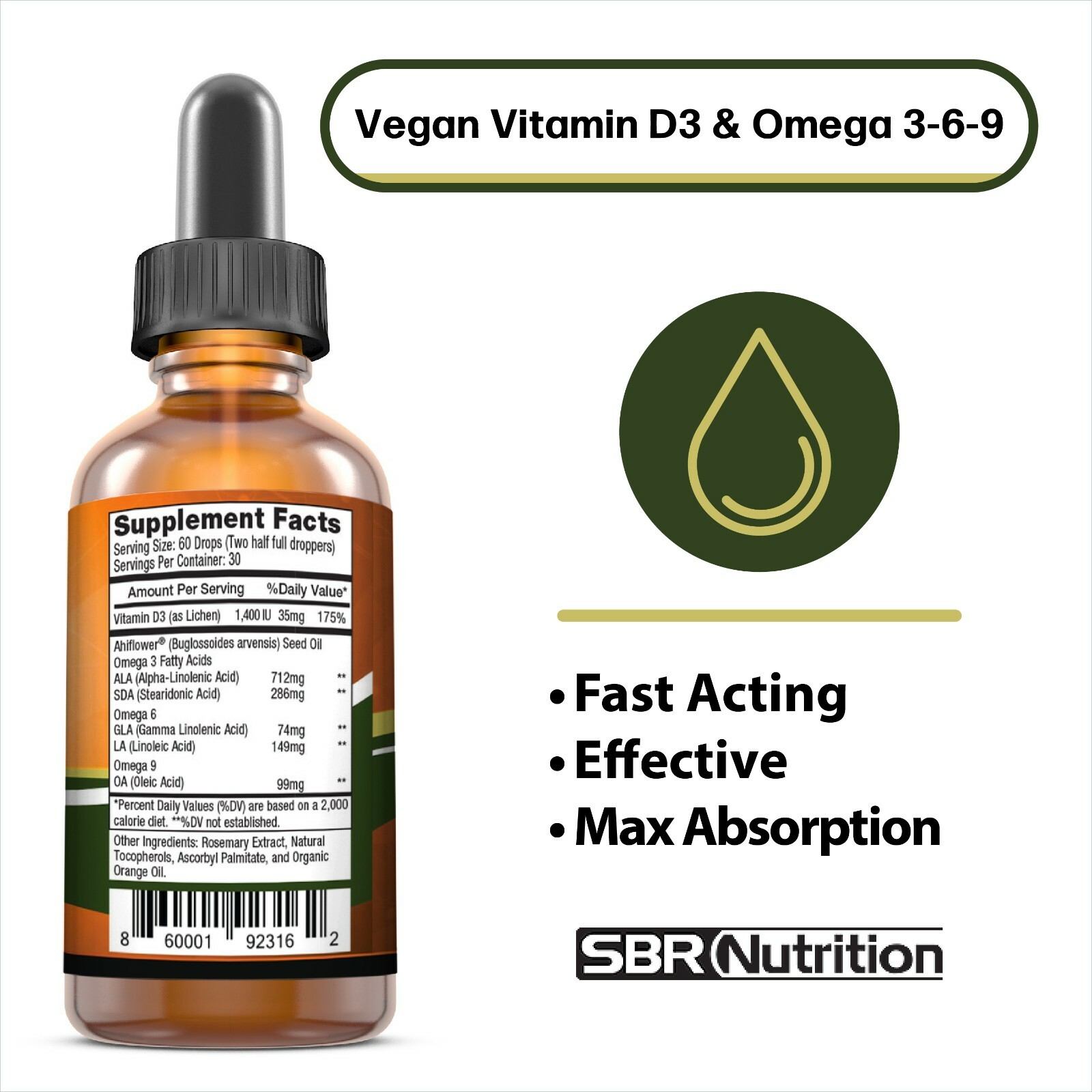 Vegan Vitamin D3 & Omega 3-6-9 Liquid Drops with Ahiflower Oil, Citrus, 2 fl oz