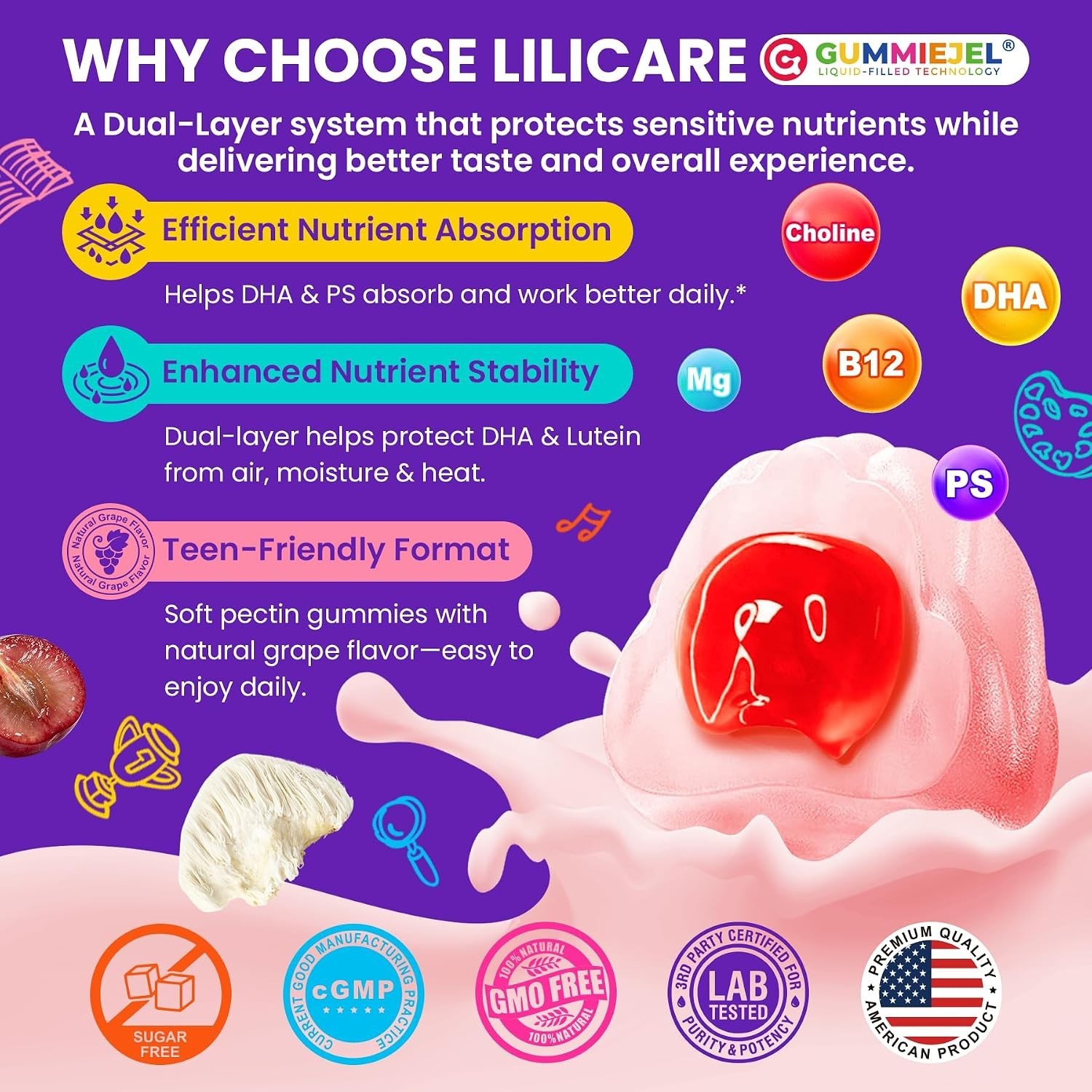 LILICARE Teen Brain Focus Gummies with Omega-3 DHA, Lion’s Mane Mushroom, PS