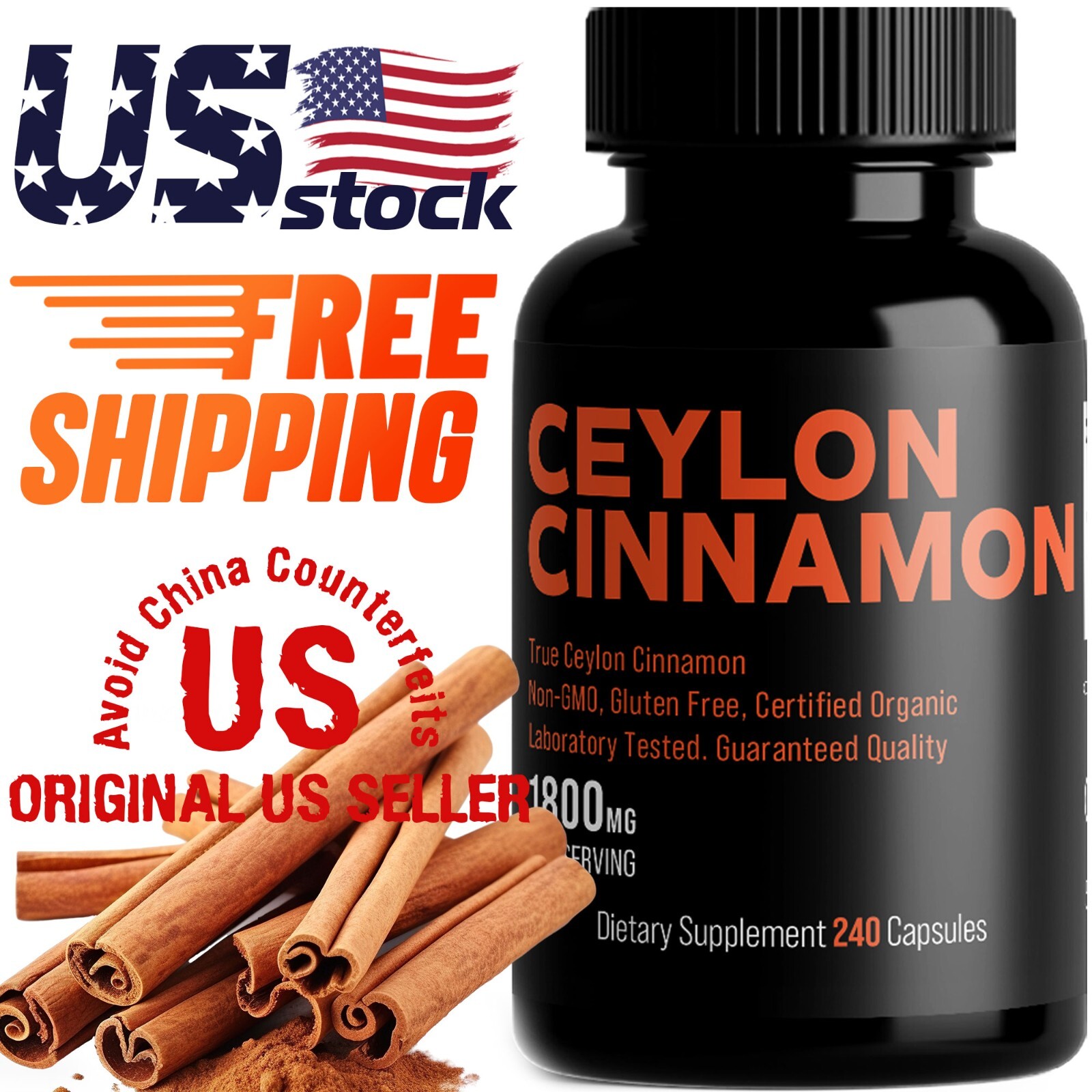 Organic Ceylon Cinnamon 1800mg | High Potency | 240 Capsules | GMP Certified